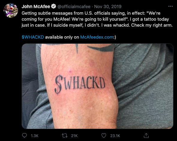 John McAfee didn't kill himself tattoo proof