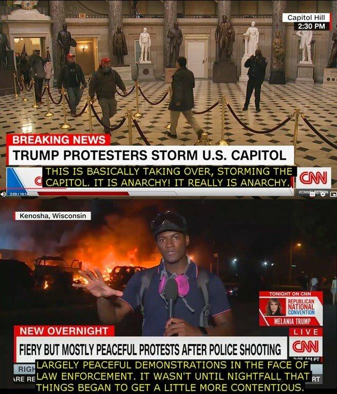 tale of two events - image showing how CNN portrayed the Jan 6 peaceful walk inside the capitol versus the BLM riots where entire cities were set ablaze