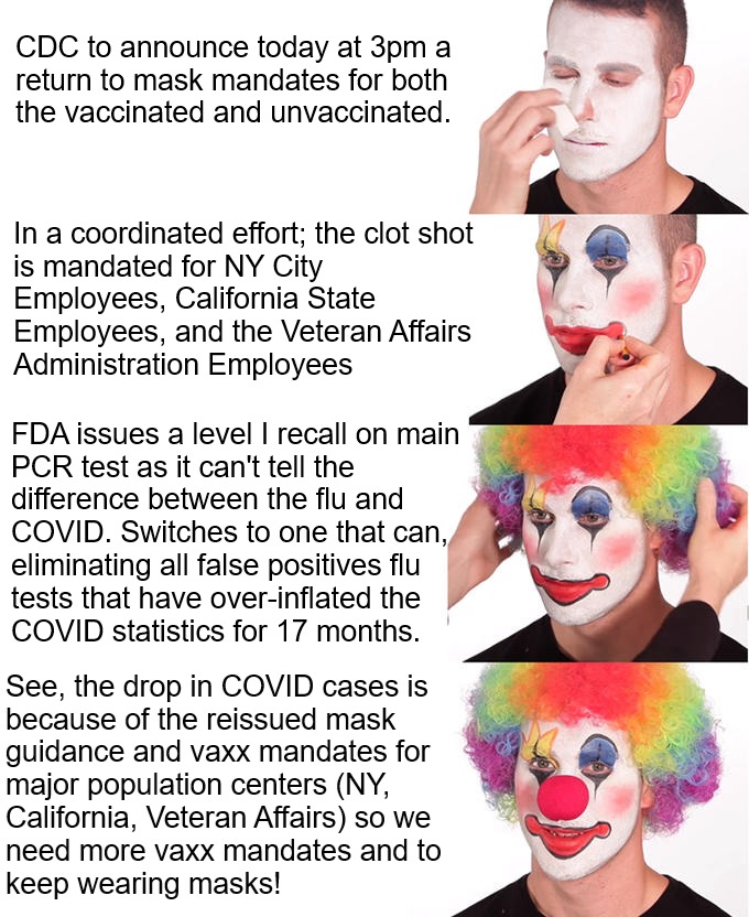 meme: the vaccine information. CDC mask mandates, mandated vaccine, FDA recall on PCR test, and expected drop in covid cases to further lockdowns