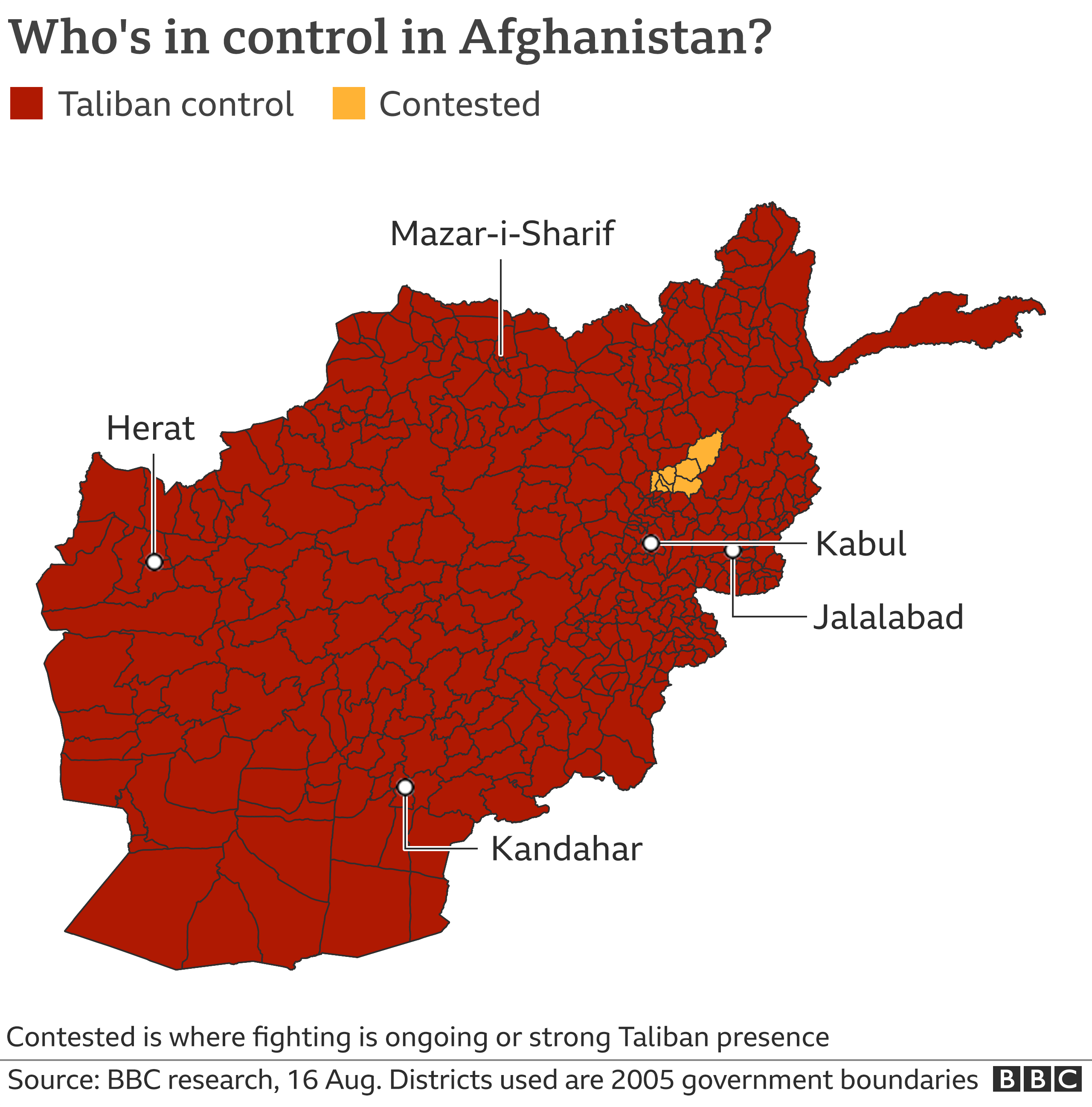 map showing territory controlled by taliban versus contested regions