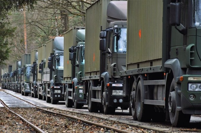 Russian invasion of Ukraine, image of NATO supplies moving into Ukraine from Poland during the war with Russia