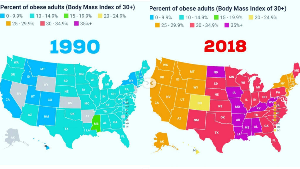 percent of obese adults 1990 versus 2018 map - the fattening of America