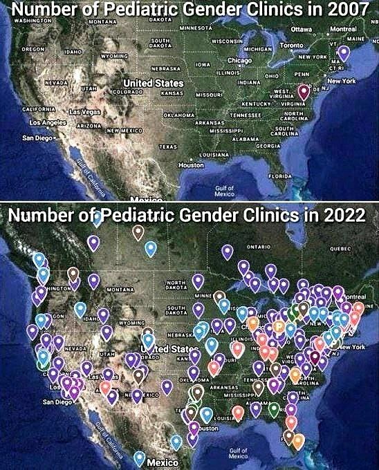 number of pediatric genders clinics 2007 vs 2022