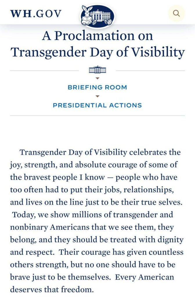 Biden Administration Declares Resurrection Sunday to be Transgender Day Of Visibility screen cap